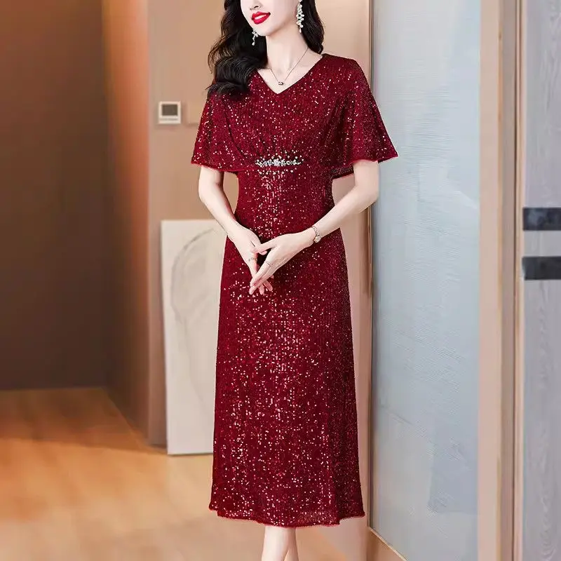 

Sexy Sequin Evening Dress Elegant Women 2024 Summer New Mom's Wear High Waist Fashion Party Wedding Dress Female Clothes K782