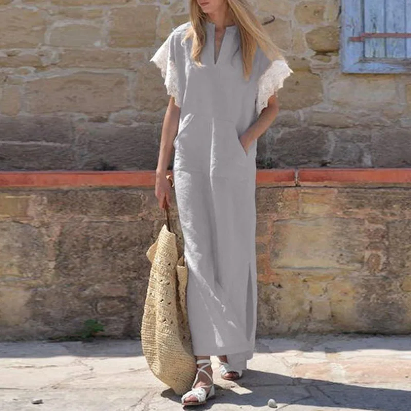 

Lace Short Sleeved Patchwork Loose Dress New Summer V-neck Pocket Straight Dress Women Elegant Solid Color Side Split Long Dress