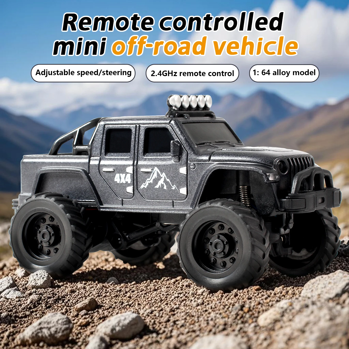 Crawler Buggy RC 4x4 Tout Terrain avec Pont en Bois Argenté sur un parcours rocailleux, pneus crantés visibles.