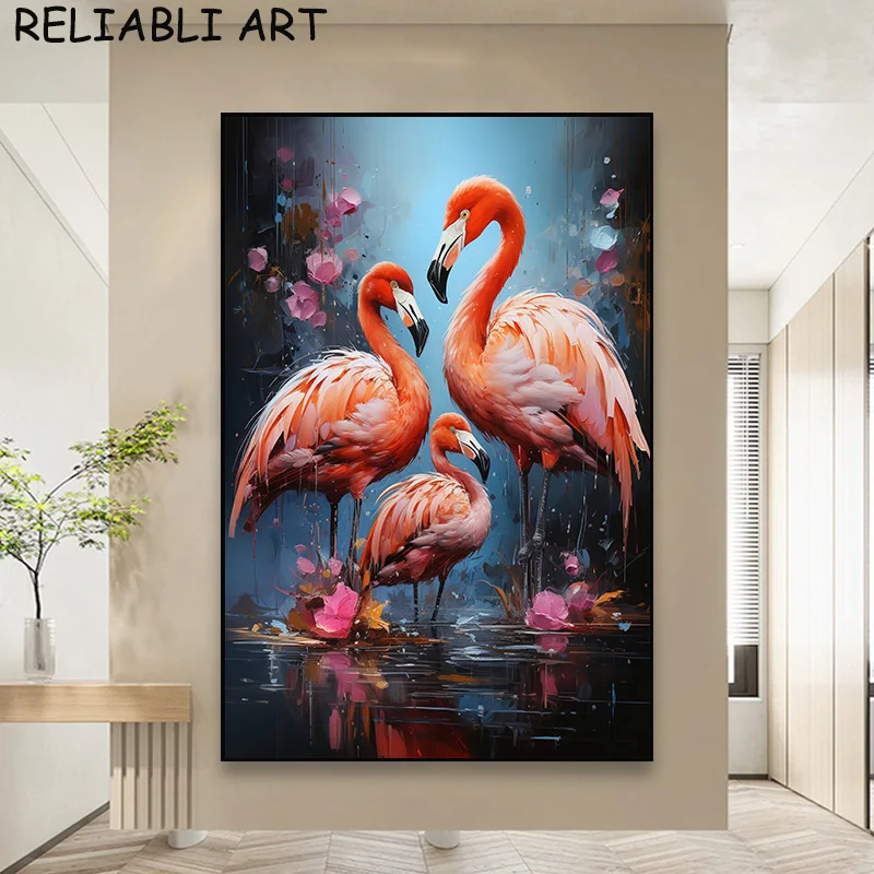 モダンなピンクのフラミンゴのキャンバス絵画、北欧の動物のポスターと