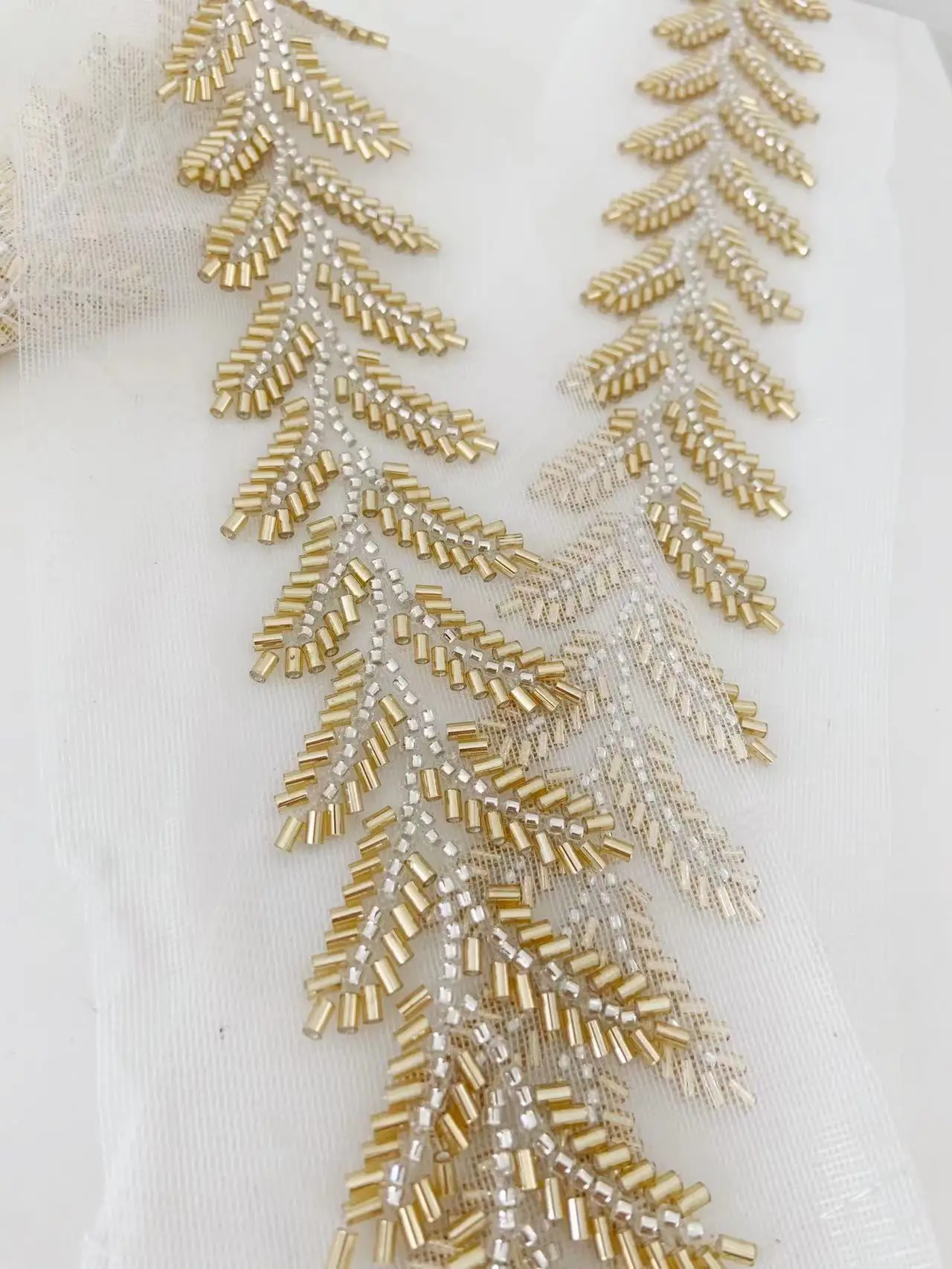 

5 Yards Gold Silver Beading Lace Trim Belt with Leaves for Couture,Fashion Clothing DIY,Wedding Dress Decor