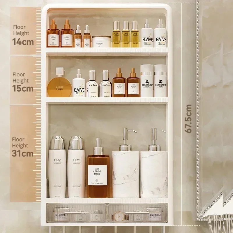 Bathroom Organizer Shelf Wall Mounted Rack Punch-free Makeup Storage Rack with Hook Toiletries Holder with Drawer Home Organizer 6