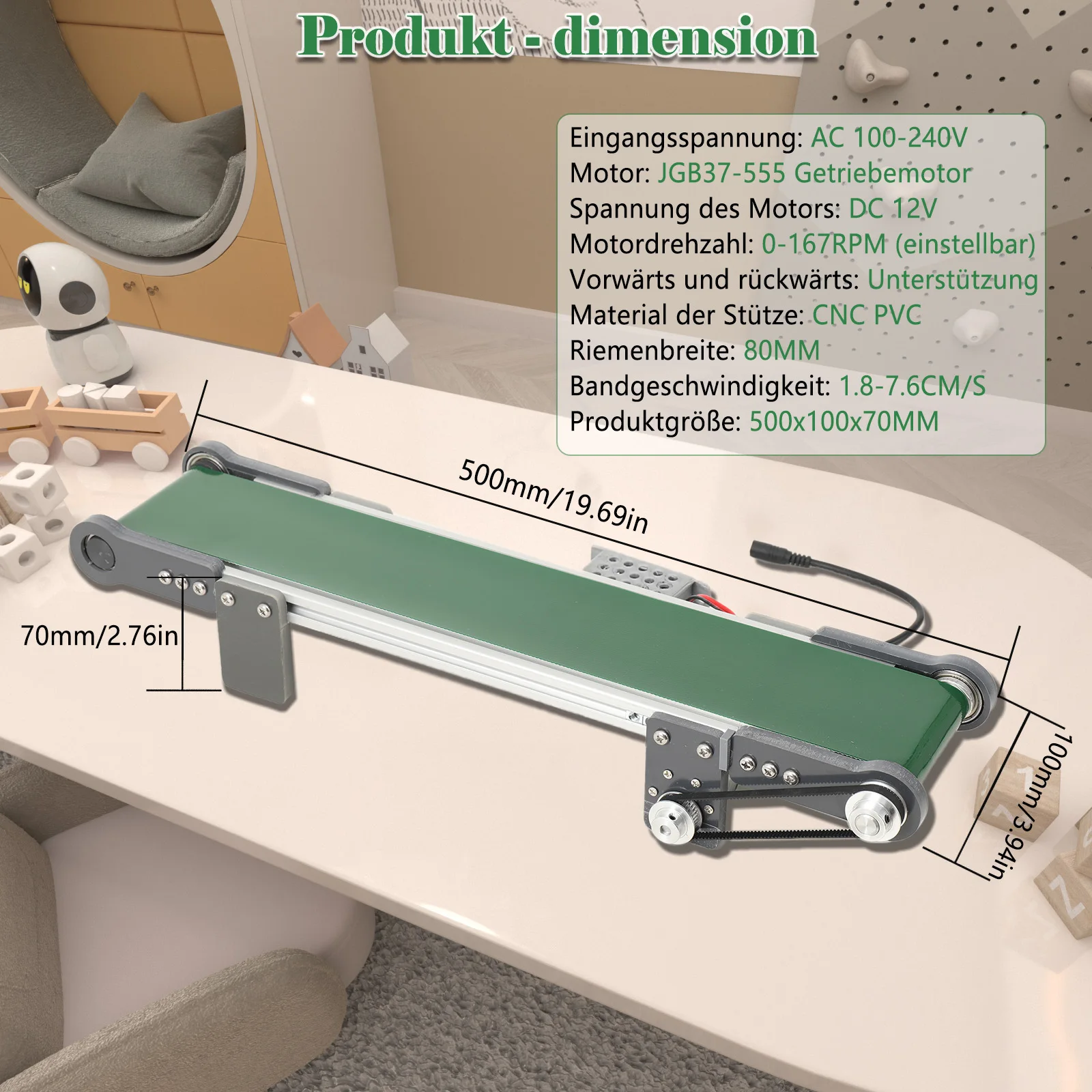 Desktop-Förderband 10x50CM mit Einstellbarer Geschwindigkeit, Elektromotor, AC 100-240V, Rückwärtslauf mit Controller, Mini-Förderband – Detail 7
