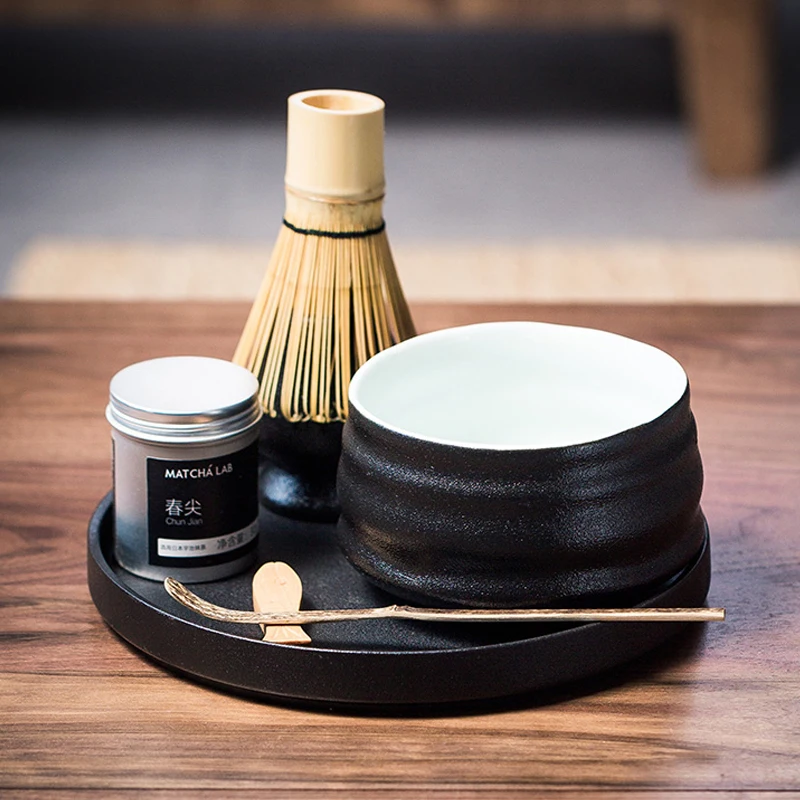 Crude Matte Black Ceramic Chawan Kiln Glazed Handmade Japanese Matcha Bowl Bamboo Whisk Holder Scoop
