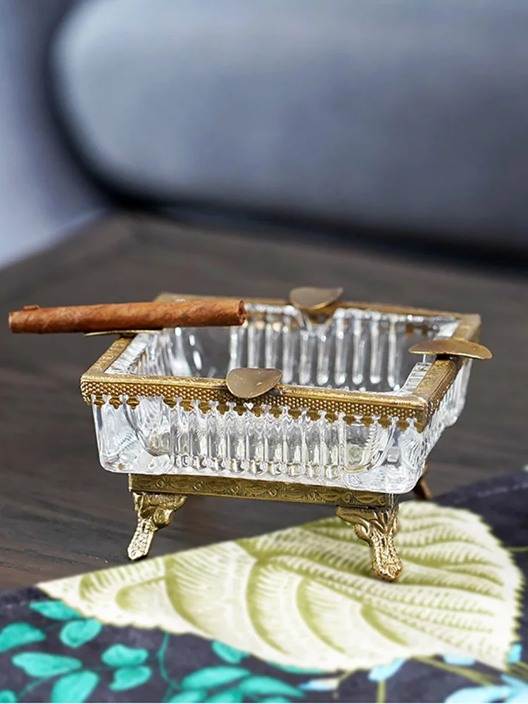 

European classic vintage brass high leg luxury ashtray copper glass ashtray