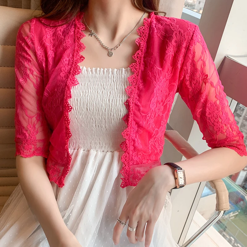 2024 Summer Women Chiffon Shawl Half Sleeve Fashion Hollow Out Lace Embroidery Floral Prevented Bask Clothes Ultra-thin Capes summer femme beach lace fabric poncho shawl capes wraps fashion outwear luxury brand open front