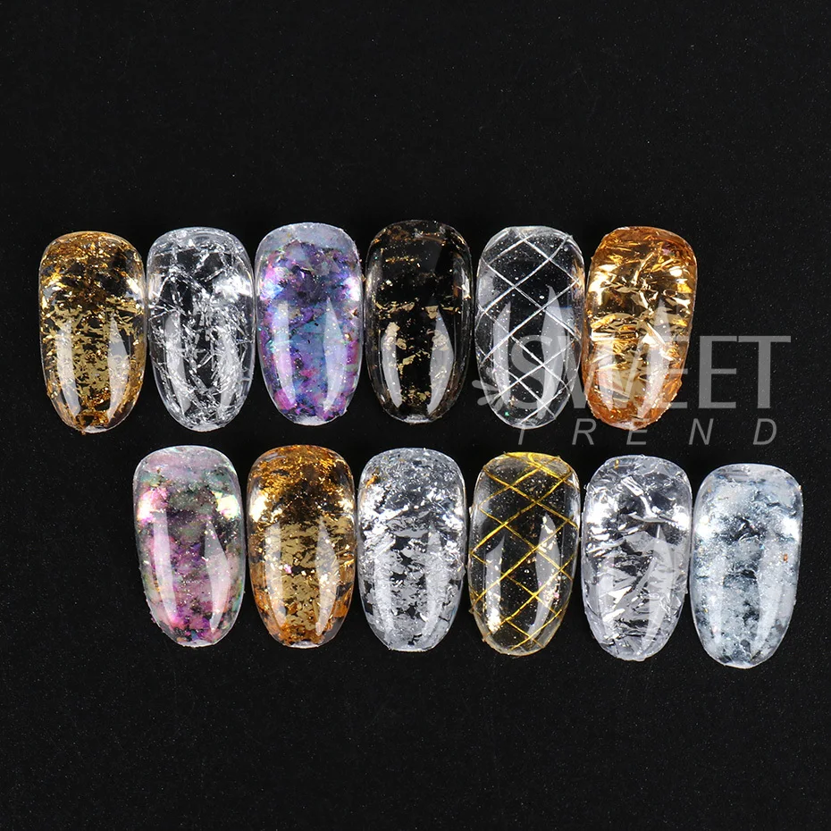 12 Grid Aurora Crystal Opal Powder Nail Glitter Iridescent Dust Charm Aluminum Foil Nail Flakes Slice Sparkly Sequin Manicure