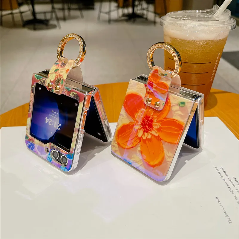 Ring Blu-ray Flower Phone Case For Samsung Galaxy Z Flip 5 4 3 5G PC Protective Flip5 Flip4 Flip3 Cover