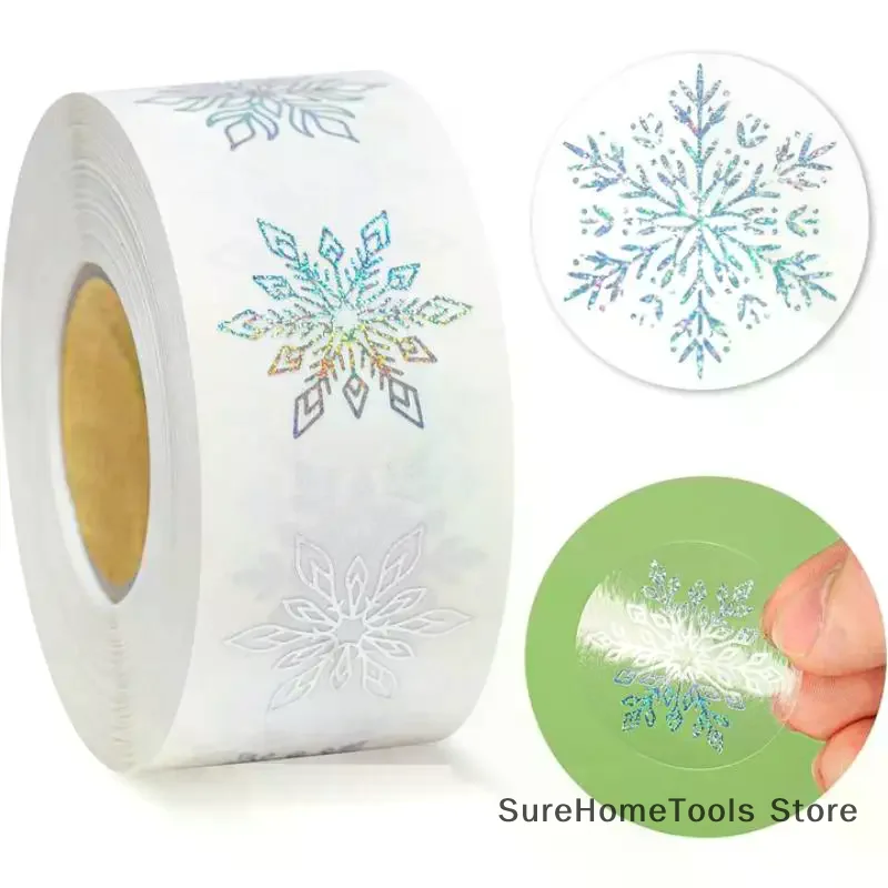 500 Sheets/Roll Transparent Snowflakes Stickers Christmas Gift Tags Kids Baking Package Envelope Xmas Holiday Stationery