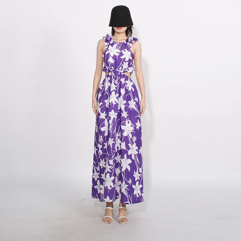 

2024 Summer New Printed Dresses, Waisted Hollow Out Backless Dresses, High Quality Designer Runway Dresses