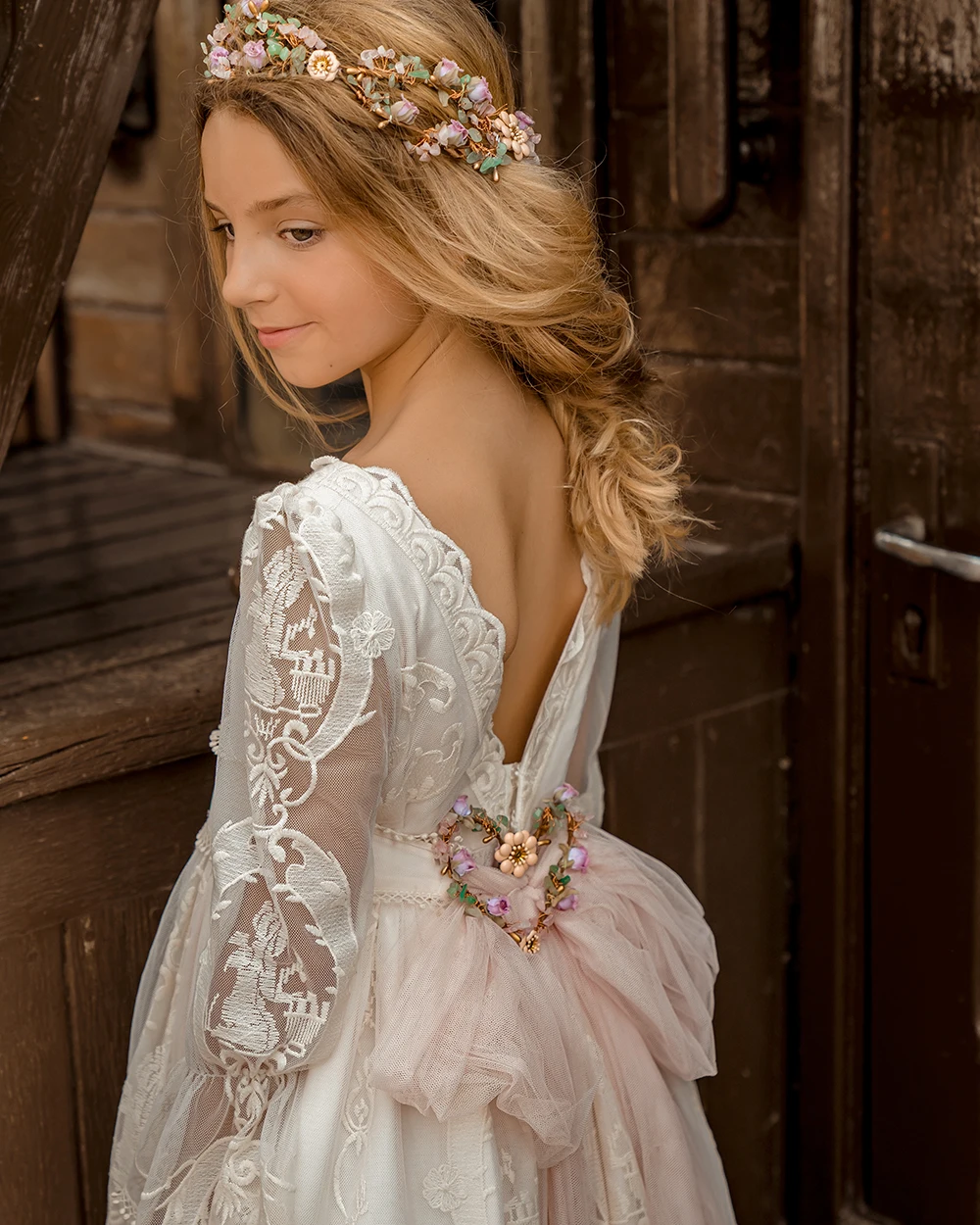 Bohemian Fairy Girl Communion Dress Bow Full Transparent Sleeve Double Layered Floral Embroidery Minibride Flower