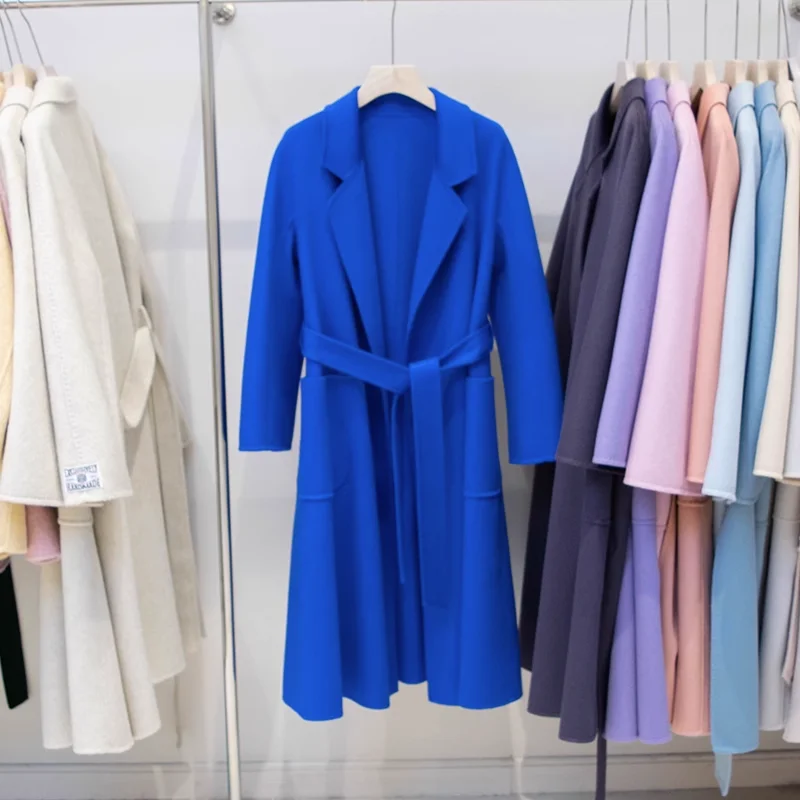 Handmade High-end Water Ripple Double-sided Cashmere Coat Women Loose Fashion New Midi Hepburn Style Lace-up Coat Spring Autumn