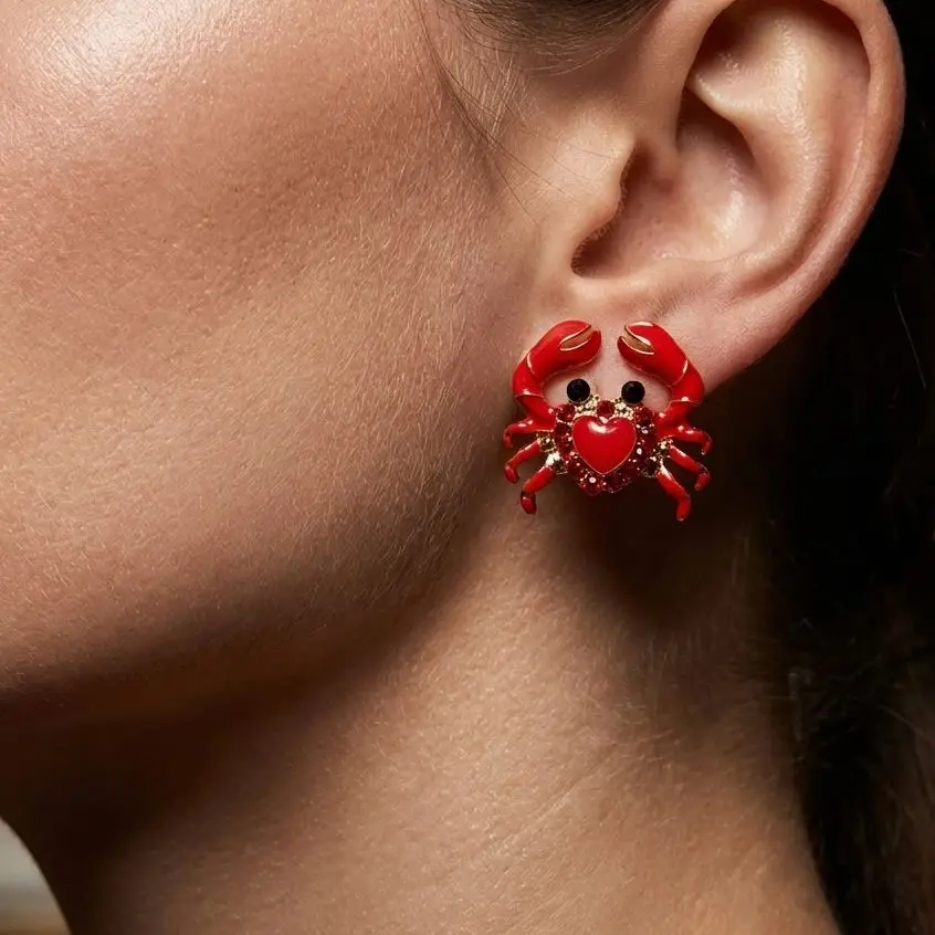 Modische Rote Herzförmige Krabben-Ohrstecker für Frauen Luxuriöse Strass-Tier-Ohrringe Charm-Schmuck Accessoires Geschenke