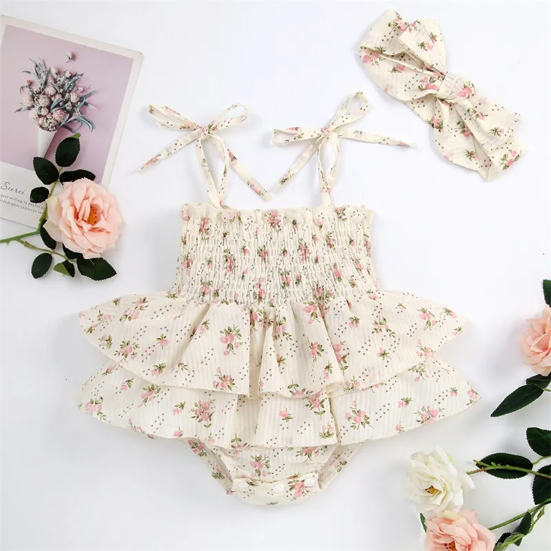 

2022-06-21 Lioraitiin 0-24M Infant Baby Girl Summer Bodysuit Fashion Floral Elasticated Bust Sleeveless Ruffled Jumpsuit Set