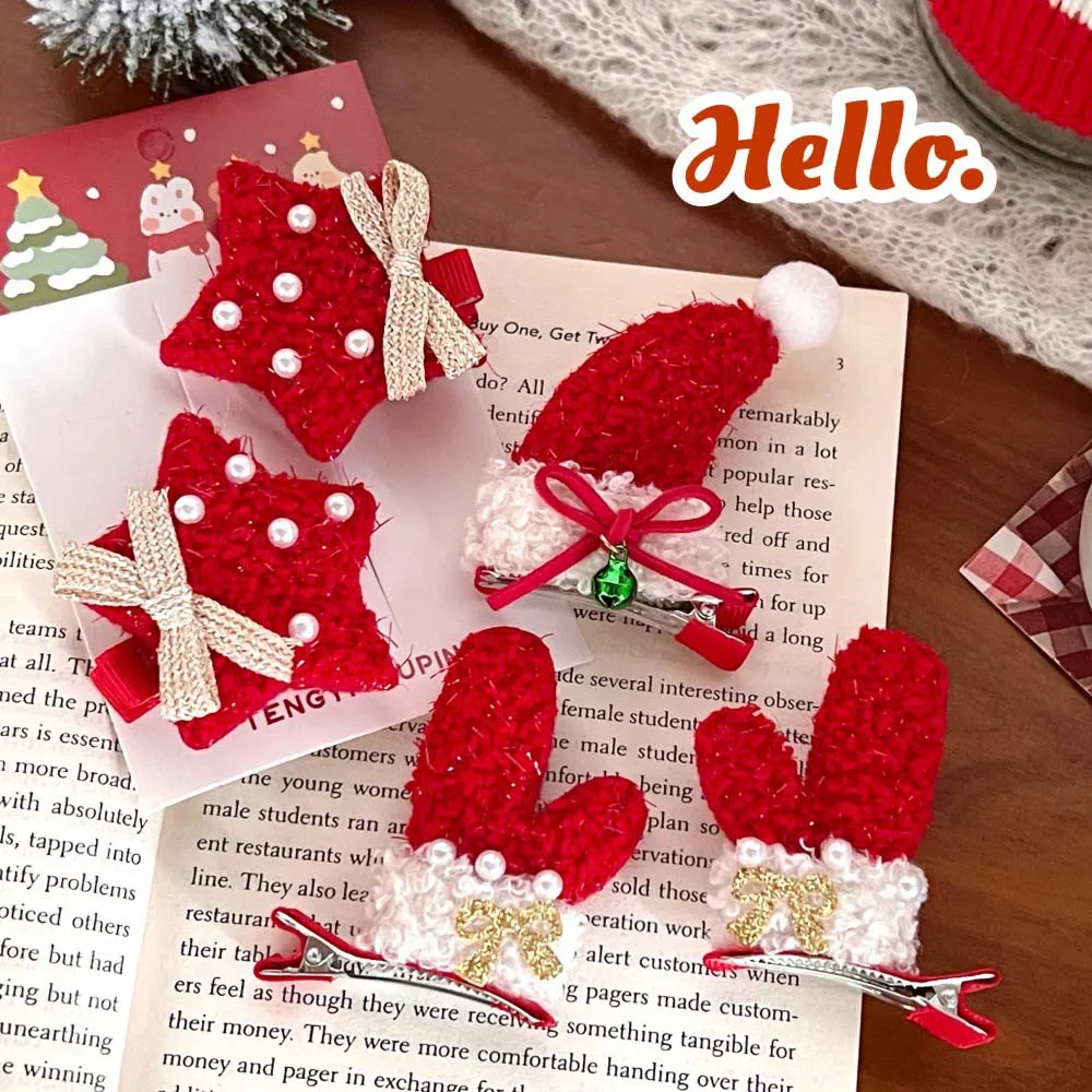 Hair Accessories Christmas Hairpin Merry Christmas Decor Korean Style Plush Xmas Barrettes Headwear Plush Pearl Gloves Hats Star