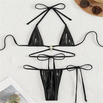 Black String Extreme Bikini PU Leather Triangle Swimsuit Backless Y2K Push Up Vacation Outfits Women Swimwear Beach Bathing Suit
