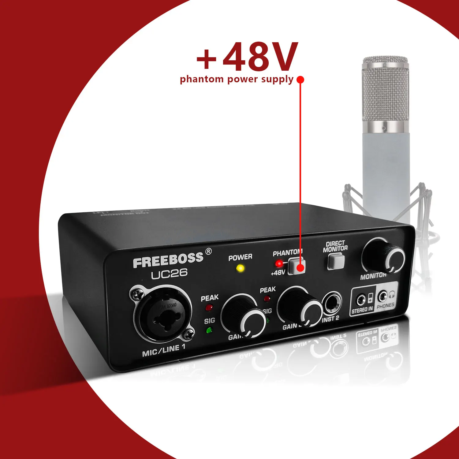 Freeboss 외부 Usb 오디오 인터페이스 48V XLR 입력 모니터 PC 48KHz 녹음 사운드 카드 ASIO4ALL for Studio Guitar UC26