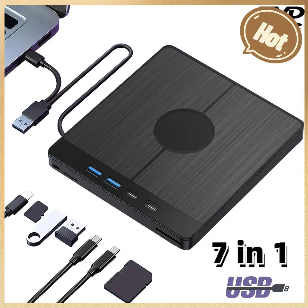 7 in 1 External CD/DVD Drive CD/DVD Disk Drive Player Burner Reader Writer with 2 USB/Type-C Ports USB 3.0 for Laptop Desktop PC