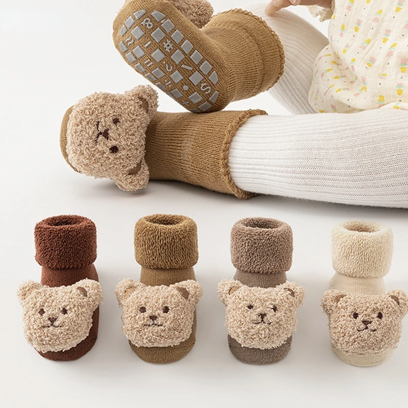 남아 및 여아용 귀여운 곰  양말, 겨울용 부드러운 코튼 두꺼운 양말, 미끄럼 방지  액세서리,   양말