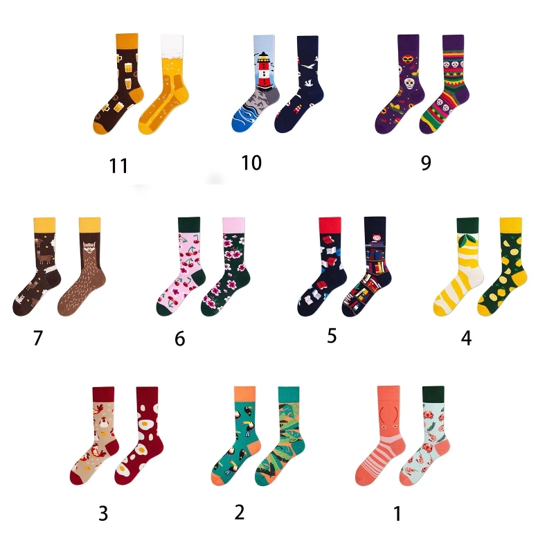 

Unisex Couple Funny Crew Socks Novelty Harajuku AB Asymmetric Colorful Cartoon Pattern Jacquard Hip Hop Cotton Hosiery