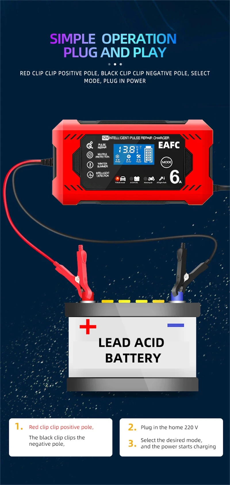 Autobatterie-Ladegerät 6a 12v Auto und Motorrad Batterie ladegerät Blei-Säure-Batterie smart Reparatur lcd-Display – Detail 9