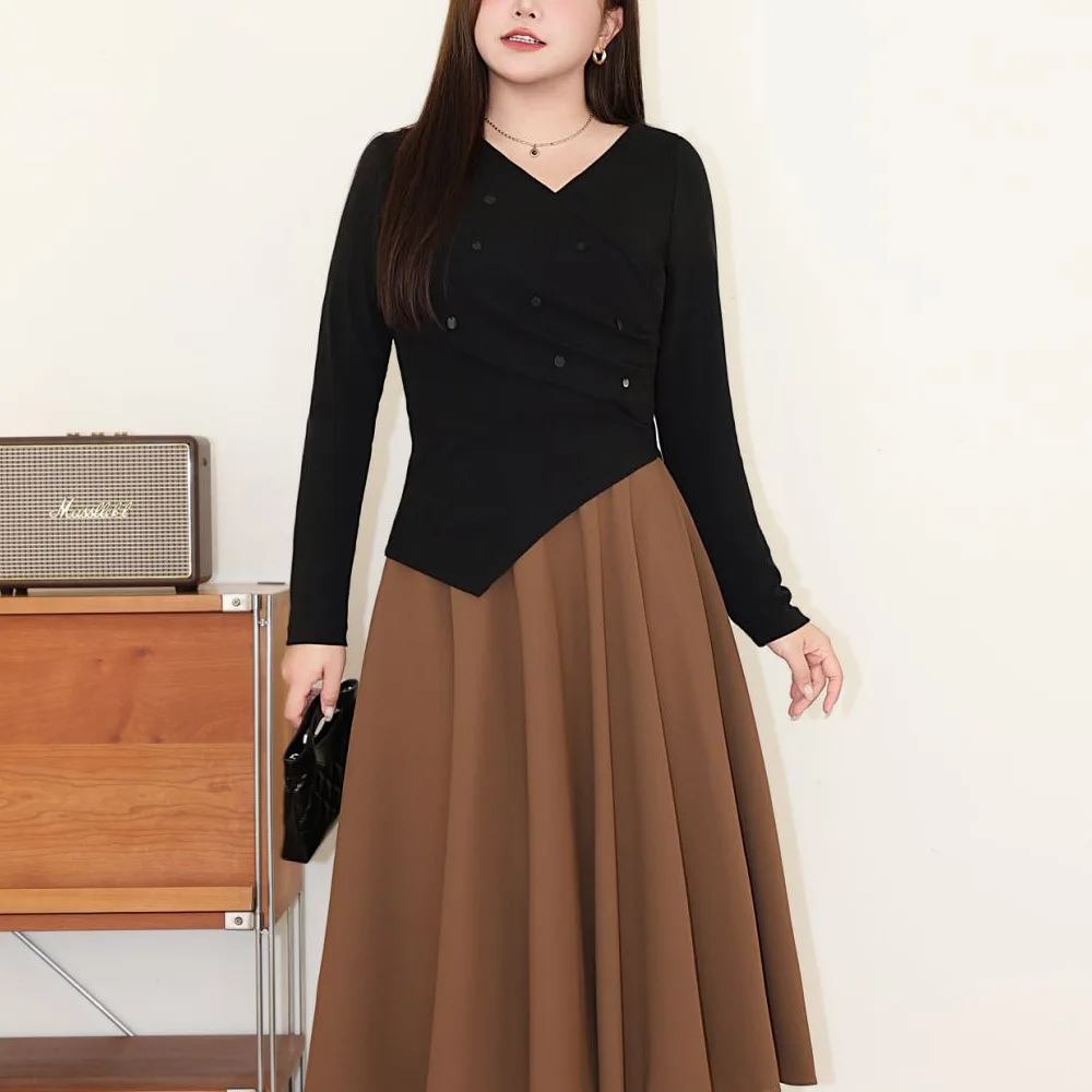 Sequined Cross V-Neck T-Shirt Women Plus Size Autumn Winter Good Quality Vintage Red French Slim Knitting Long Sleeve Top N9070