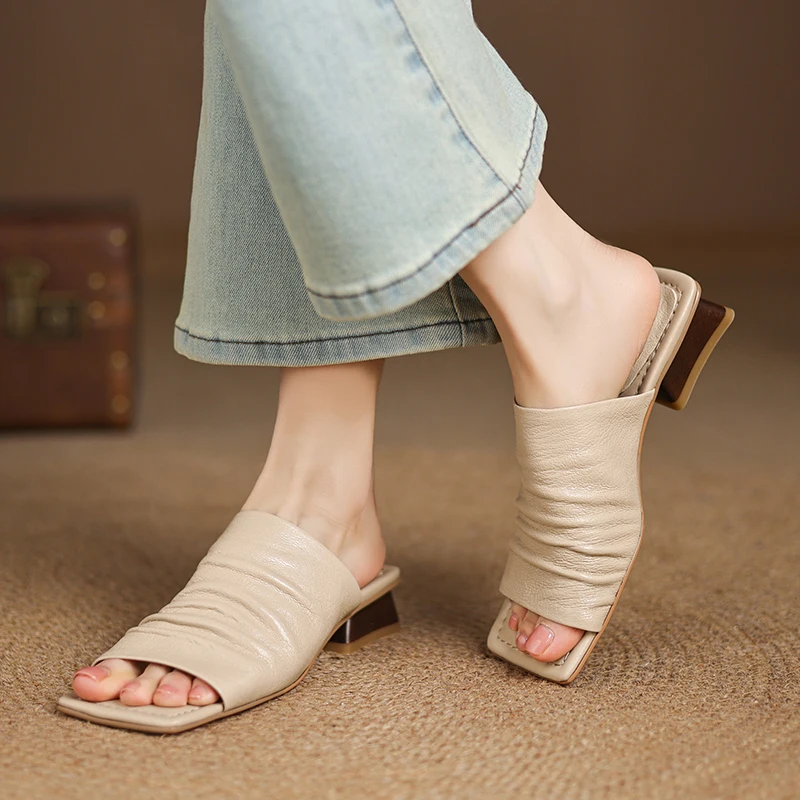 616447-aed845.jpg 2026 NEW Summer Women Mules Genuine Leather Shoes for Women Open Toe Med Heel Shoes Slippers Pleated Modern Sandals - Image 1