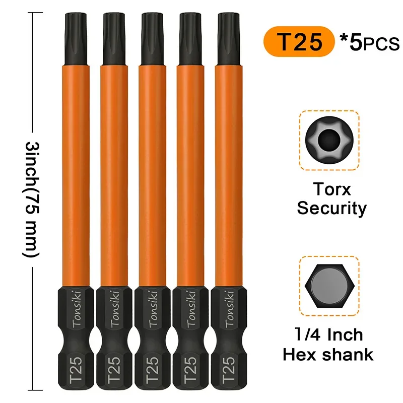 

5Pcs T20 T25 Torx Screwdriver Bits 1/4 Inch Hex Shank Magentic Torx Bit Set 75mm Torx Head Drill Bits