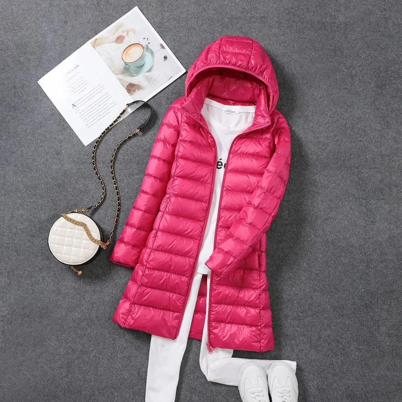 2023 Women Spring Jacket Ultralight Thin Packable Down Long Jacket  Female Hat Detachable Slim Fit Skirt Coat Portable Outwear images - 6