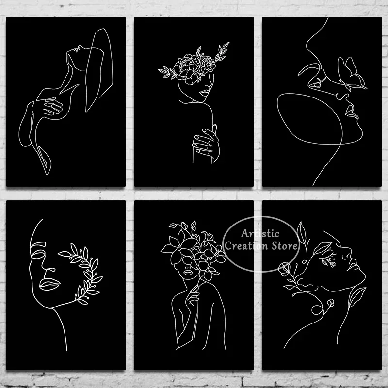 CoupleKissLoveLineDrawWallArtPosterRomanticBedroomCanvas