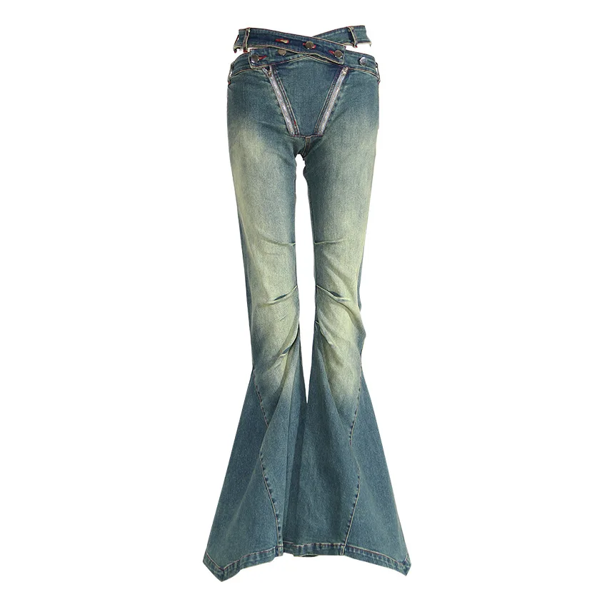 

Fashionable 2023 summer new style avant-garde slim cut high waist pleated front hot girl denim Bell-bottoms trend