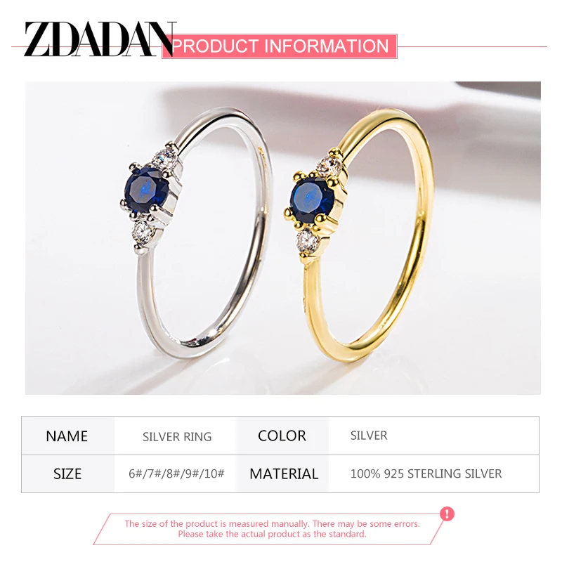 ZDADAN 925 Silver 18K Gold Blue Zircon Ring For Women Wedding Jewelry 5