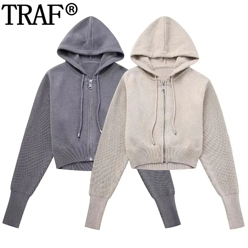 

Женский укороченный кардиган на молнии с капюшоном, с длинным рукавом