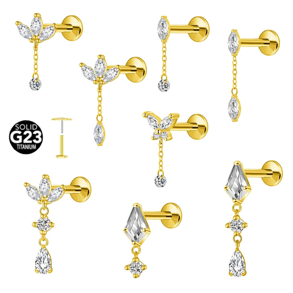 ASTM F136 G23 Titanium Horse Eye Zircon Crown Tassel Puncture Flat Earring Cartilage Chain Push in Labret Stud Piercing 1