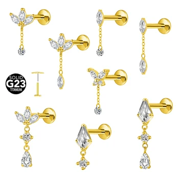 ASTM F136 G23 Titanium Horse Eye Zircon Crown Tassel Puncture Flat Earring Cartilage Chain Push in Labret Stud Piercing 1