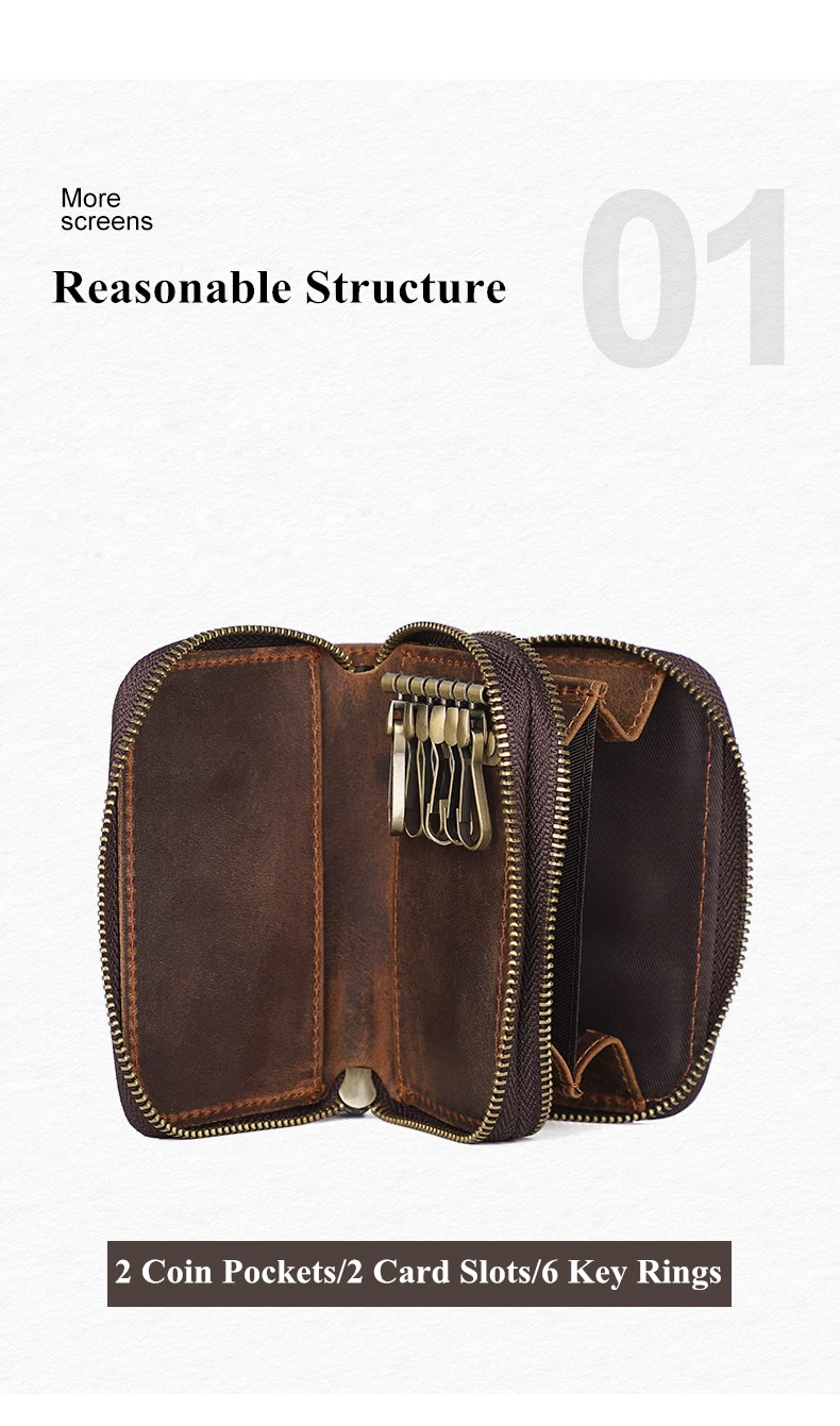 Genuine Leather Key Wallets Men Vintage Handmade Zipper Car Key Holder Cowhide Keys Organizer Women Housekeeper Case Coin Purse