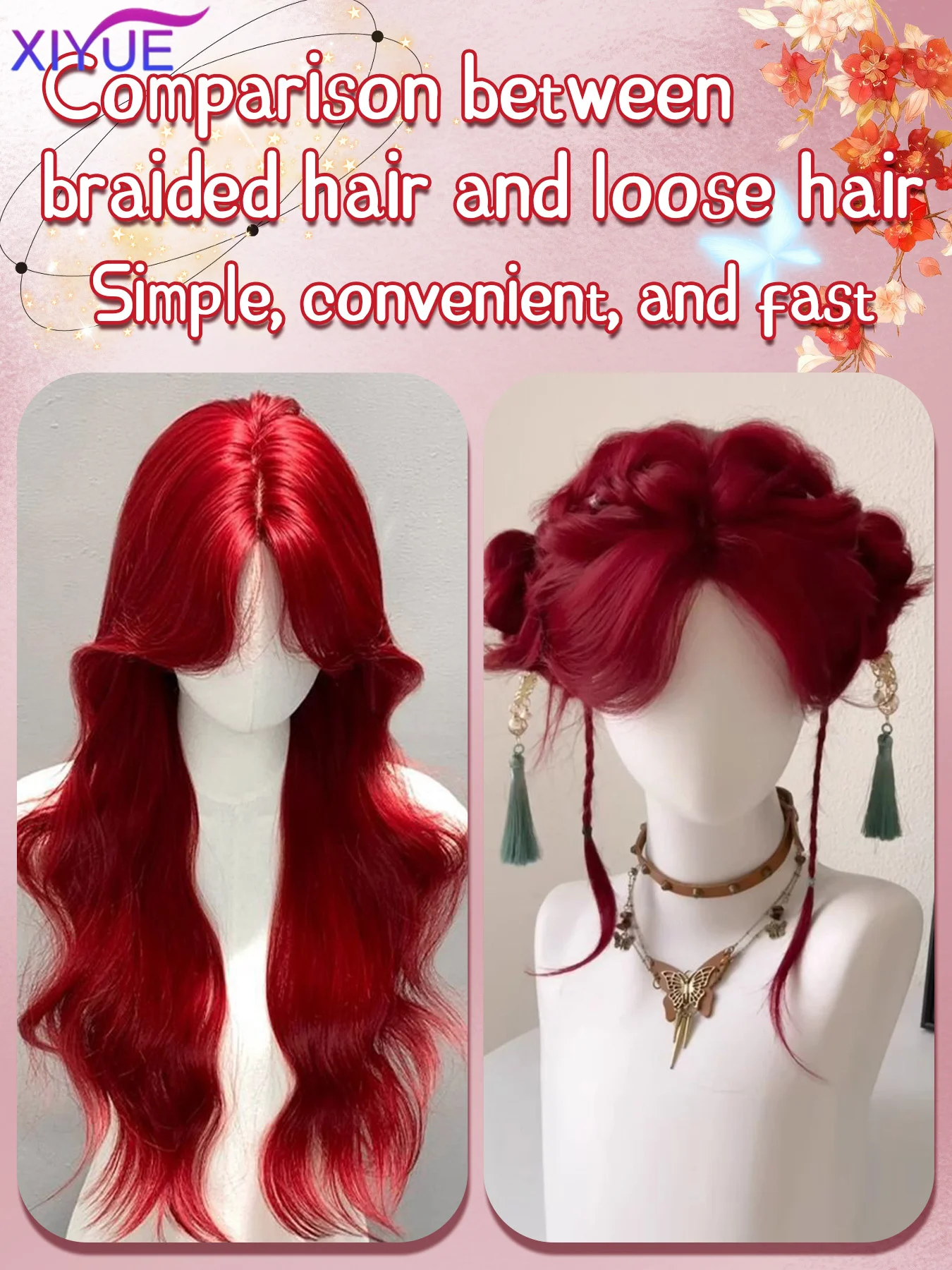 XIYUE Red Synthetic Wig for Women Long Curly Wavy Cute Wigs Middle Part Hair Wigs Halloween Cosplay Daily Party Wigs 26 inch