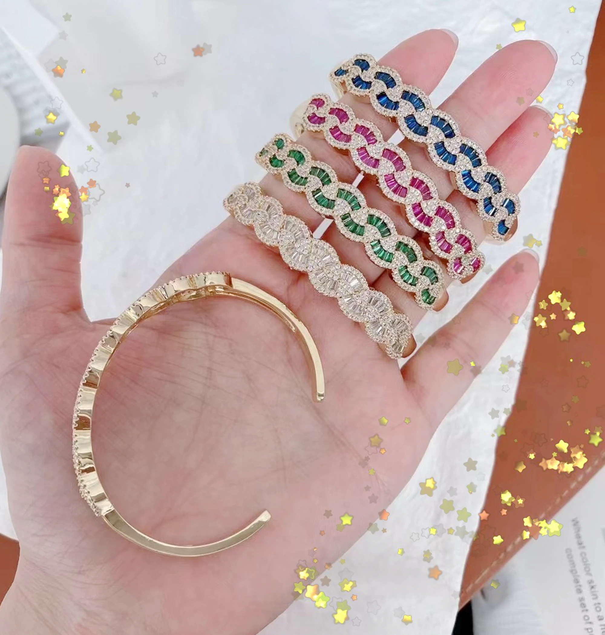 HOT- 2pcs /lot - Gold Plated Copper metal Mixed color Zircon / CZ beads Open adjustable bangle  , Jewelry Findings 3