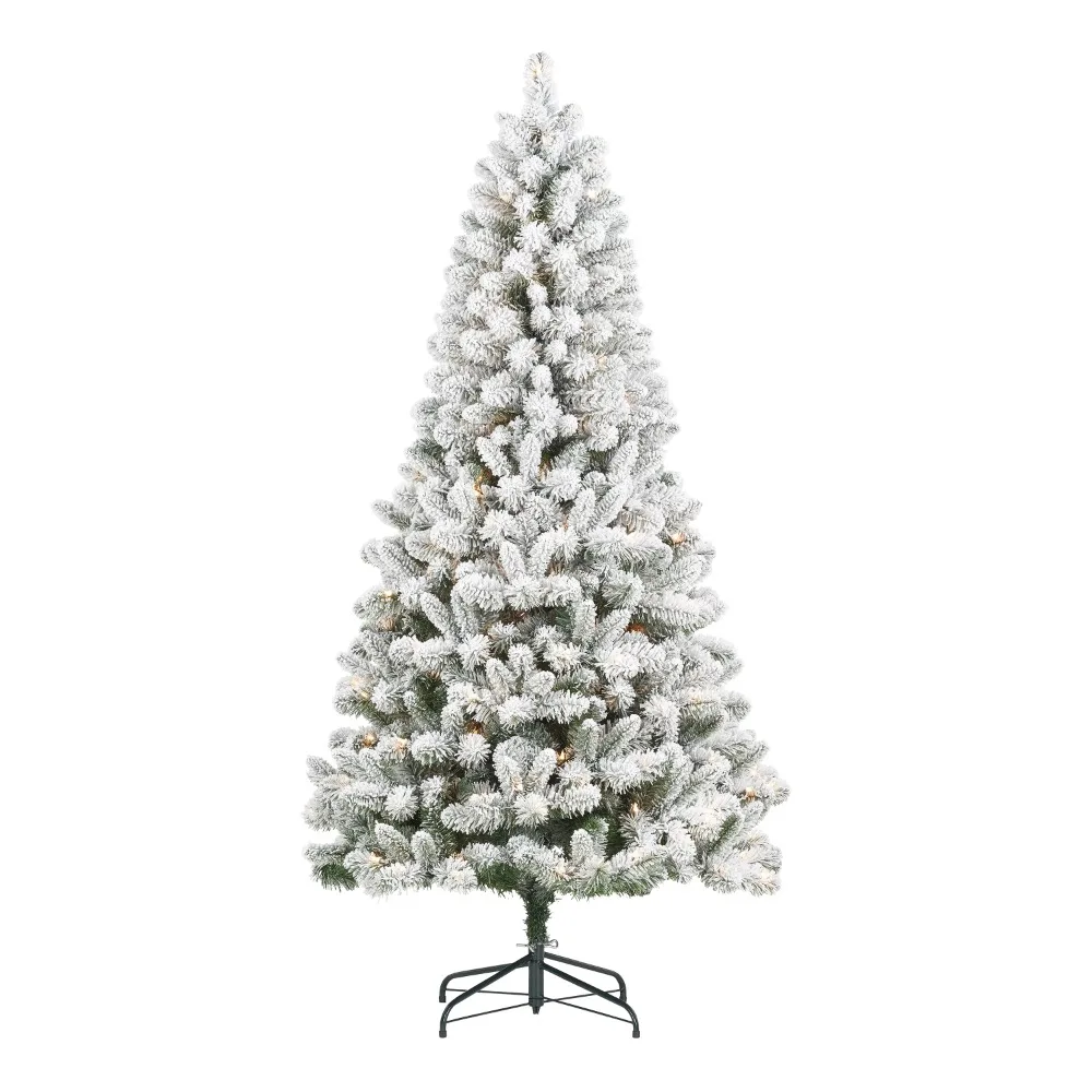 

250 Clear Lights New Year's Decor Green Christmas Trees 6.5 Ft Pre-Lit Flocked Frisco Pine Artificial Christmas Tree Pines 2024