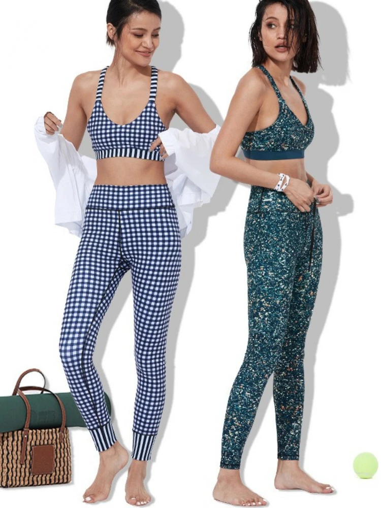 Print Yoga Clothing Suit Women High Waist Hip Fitness Pants Shockproof Bra Sports Two Piece Sportswear Sets Ladies