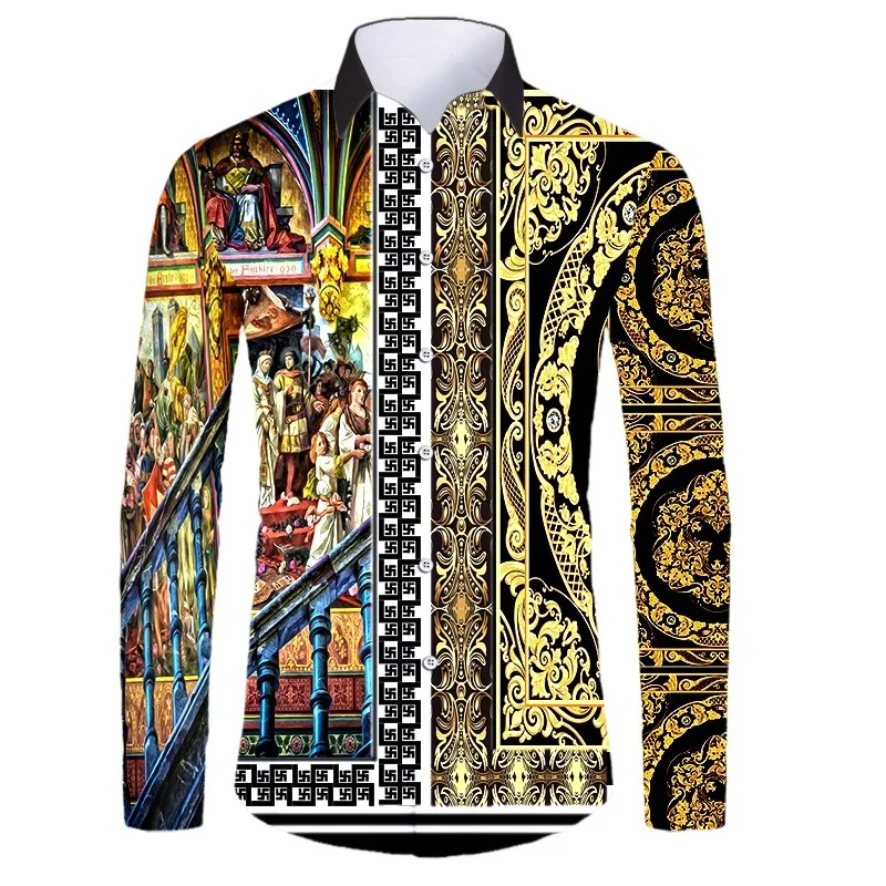 thumbnail image 1 of Camisas de manga corta con botones y estampado 3D de lujo de alta gama con patrón dorado para hombres, blusas de estilo callejero de moda, atuendos de hip hop, 1 of 5