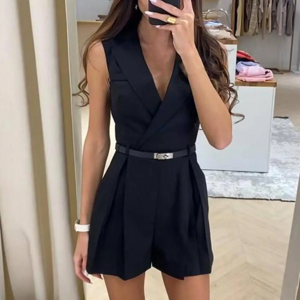 Lady Formal Romper Elegant V Neck Romper for Women Chic Formal Style Jumpsuit with Pleated Detail Slim Fit Above Knee Length