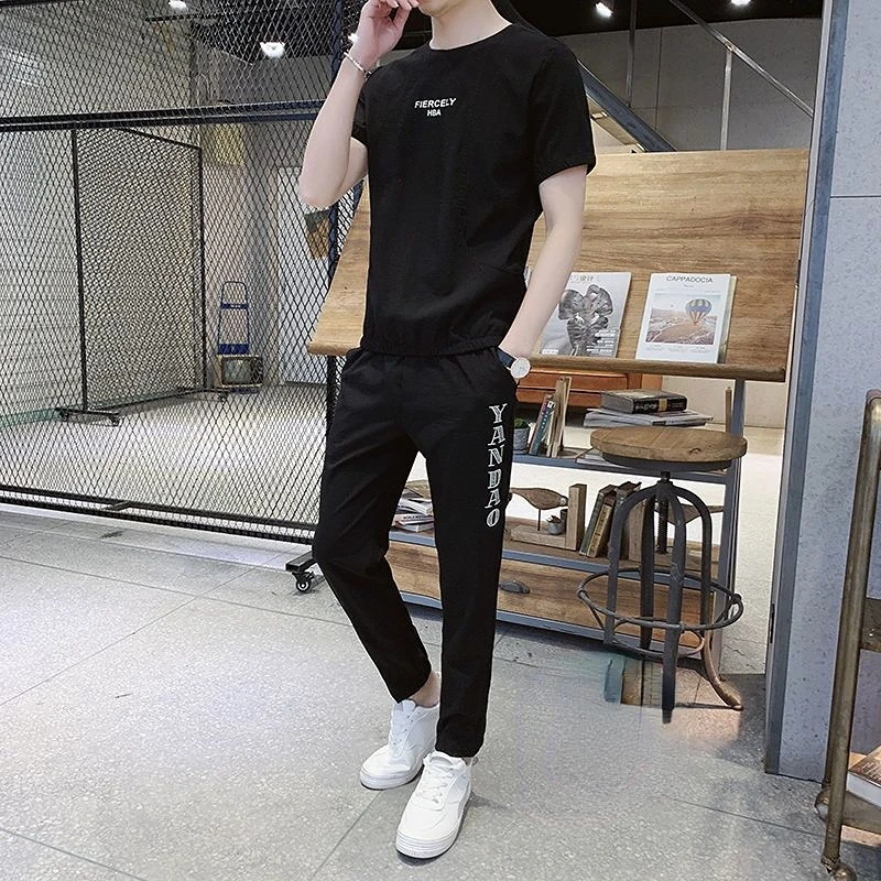 thumbnail image 1 of Conjuntos de pantalones superiores, chándal básico genial, ajuste regular, camiseta barata para hombre, conjunto de 2 piezas, trajes deportivos elásticos, ropa elástica S para hombres, 1 of 5