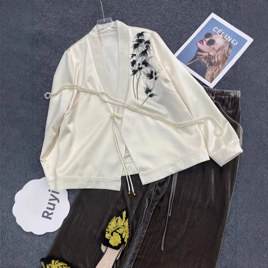 Elegant Two-Tone Acetate Embroidered Jacket V-Neck New Chinese Style Top Vintage Noble Atmosphere Spring Outerwear