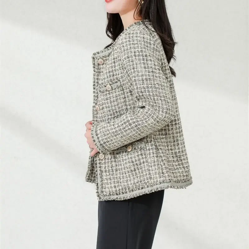 Tweed Plaid Office Lady Coat Women Autumn Basic Slim Korean Vintage Tassels Small Fragrance Casual Short Outside Jacket Winter