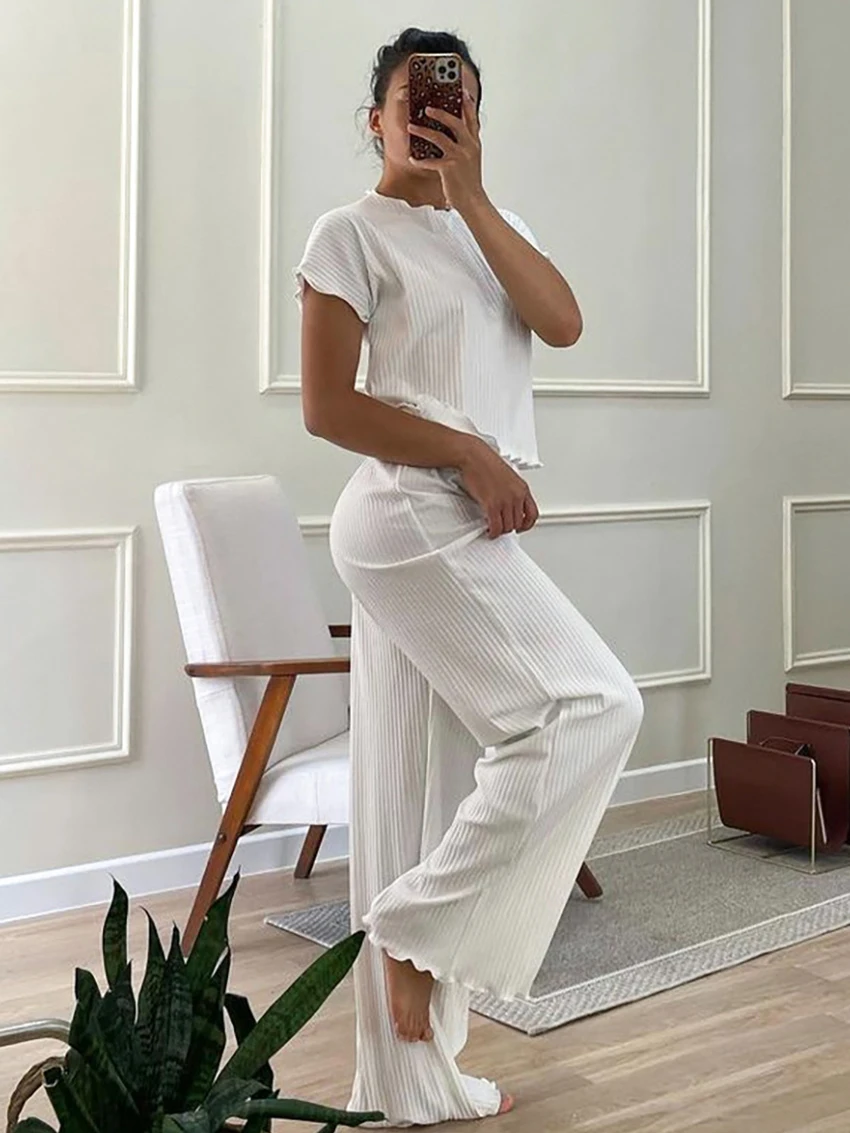 Marthaqiqi Loose Ladies Nightgowns Set Sexy Crop Top  Nightie Short Sleeve Nightwear O-Neck Sleepwear Pants Casual Home Clothes