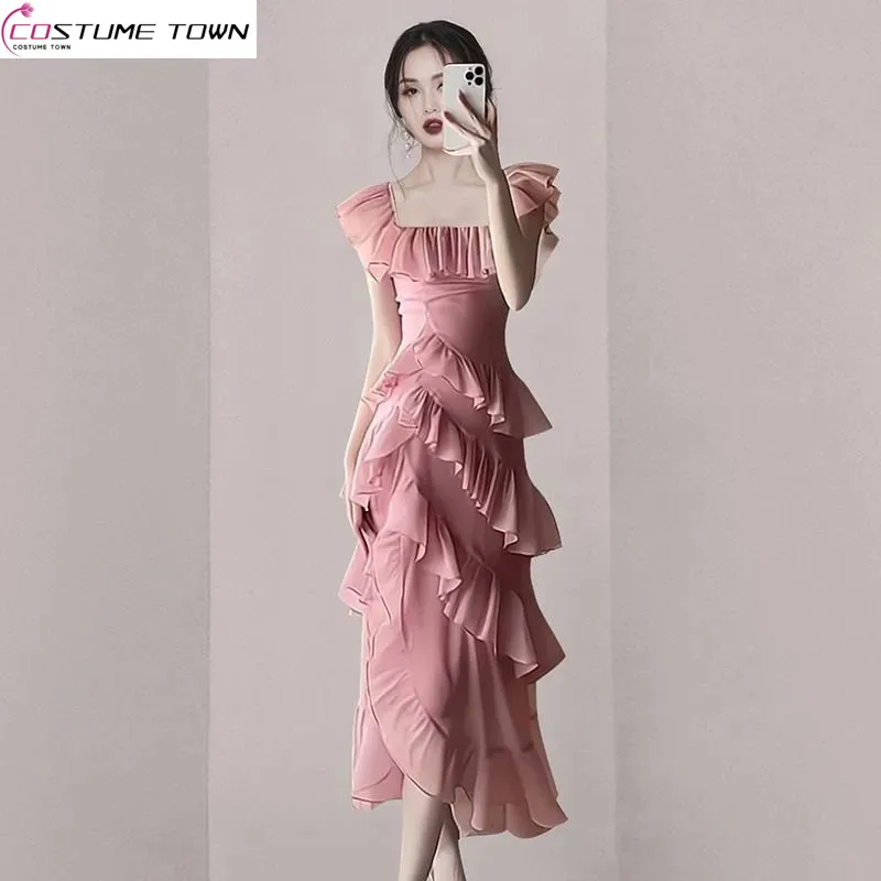 

2024 Spring/Summer New Square Neck Ruffle Edge Dress Slim Fit Waist Slimming Cake Dress Elegant Long Dress