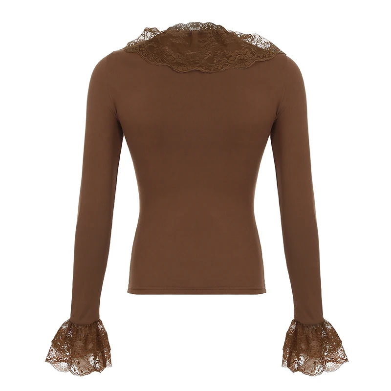 Camiseta marrón con cuello con volantes de encaje vintage Y2K, top ajustado de manga larga, elegante y con estilo de los años 2000, ropa de calle de otoño