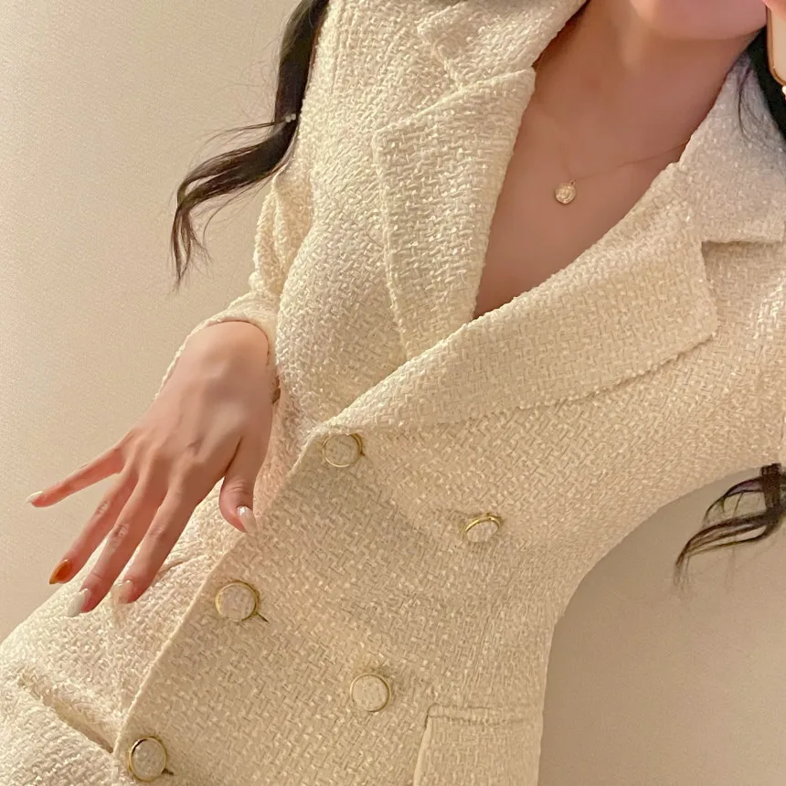 Autumn Winter Elegant Tweed Blazer Dress Double Breasted Slim Short Dresses for Women Korean Fashion Office Lady Coat Dress New