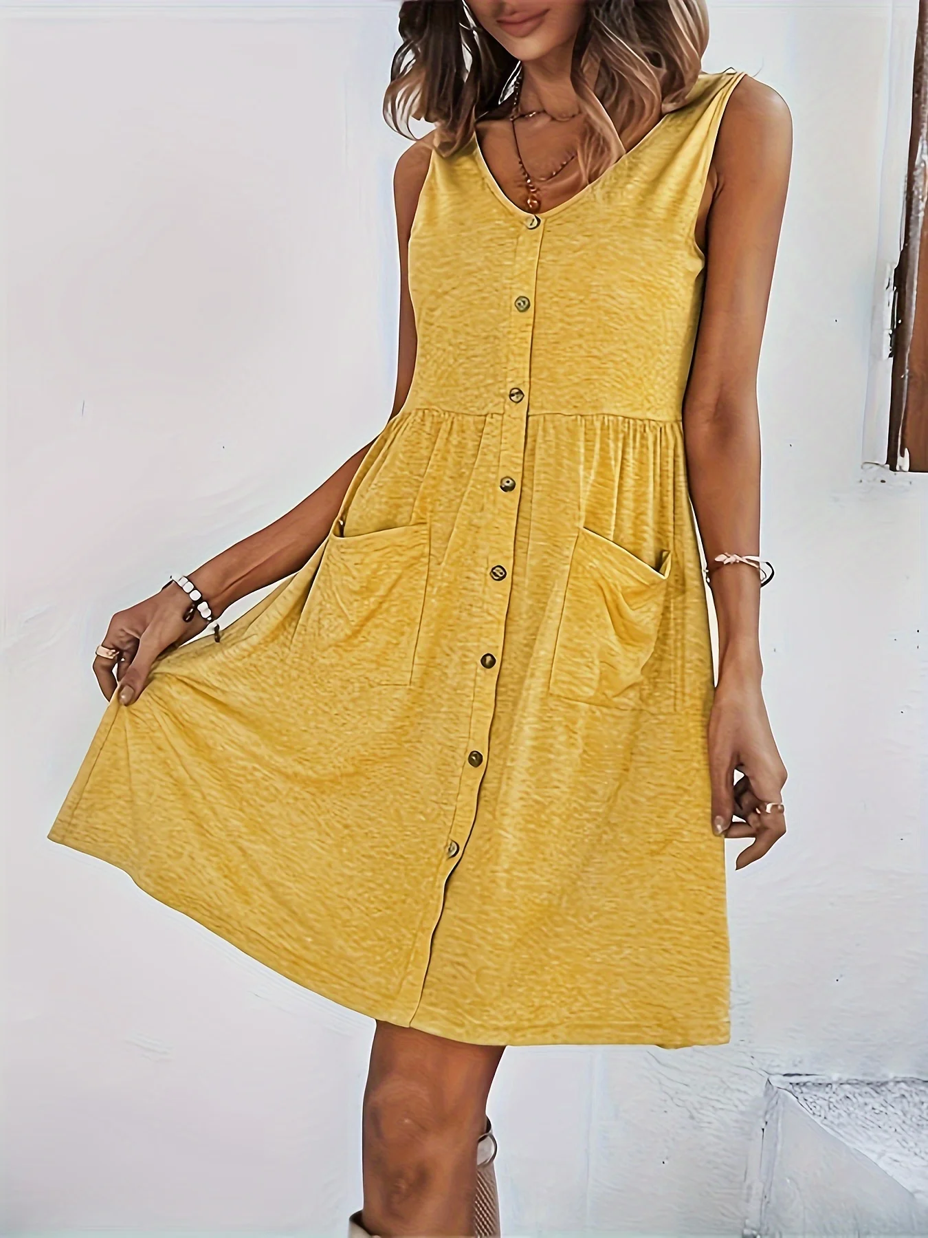 Frühling und Sommer neue Mode gedruckt Knopf ärmelloses Kleid für Frauen Urlaub